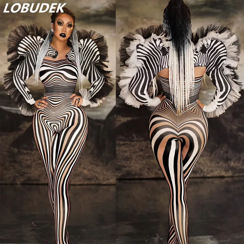Zebra Pattern Jumpsuit Halloween Party Cosplay Costume Rompers Bar Nightclub Women Singer Dancer Stage Wear Elastic Jumpsuits