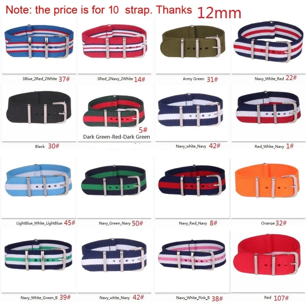 10pcs Wholesale Lot Stripe Retro 12 mm Strong Military Army nato fabric Nylon Watch Woven Strap Band Buckle belt 12mm watchbands