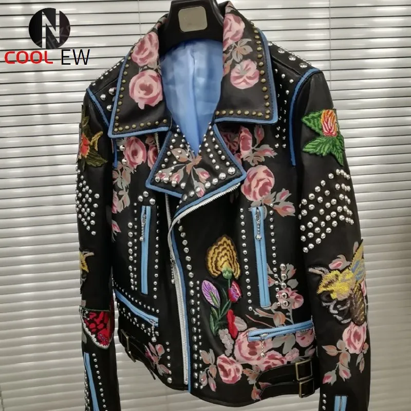 

Runway Women Floral Printed Rivet Motor Biker Sheepskin Genuine Jacket Colorful Embroidery Italy Designer Gothic Coat Chaqueta
