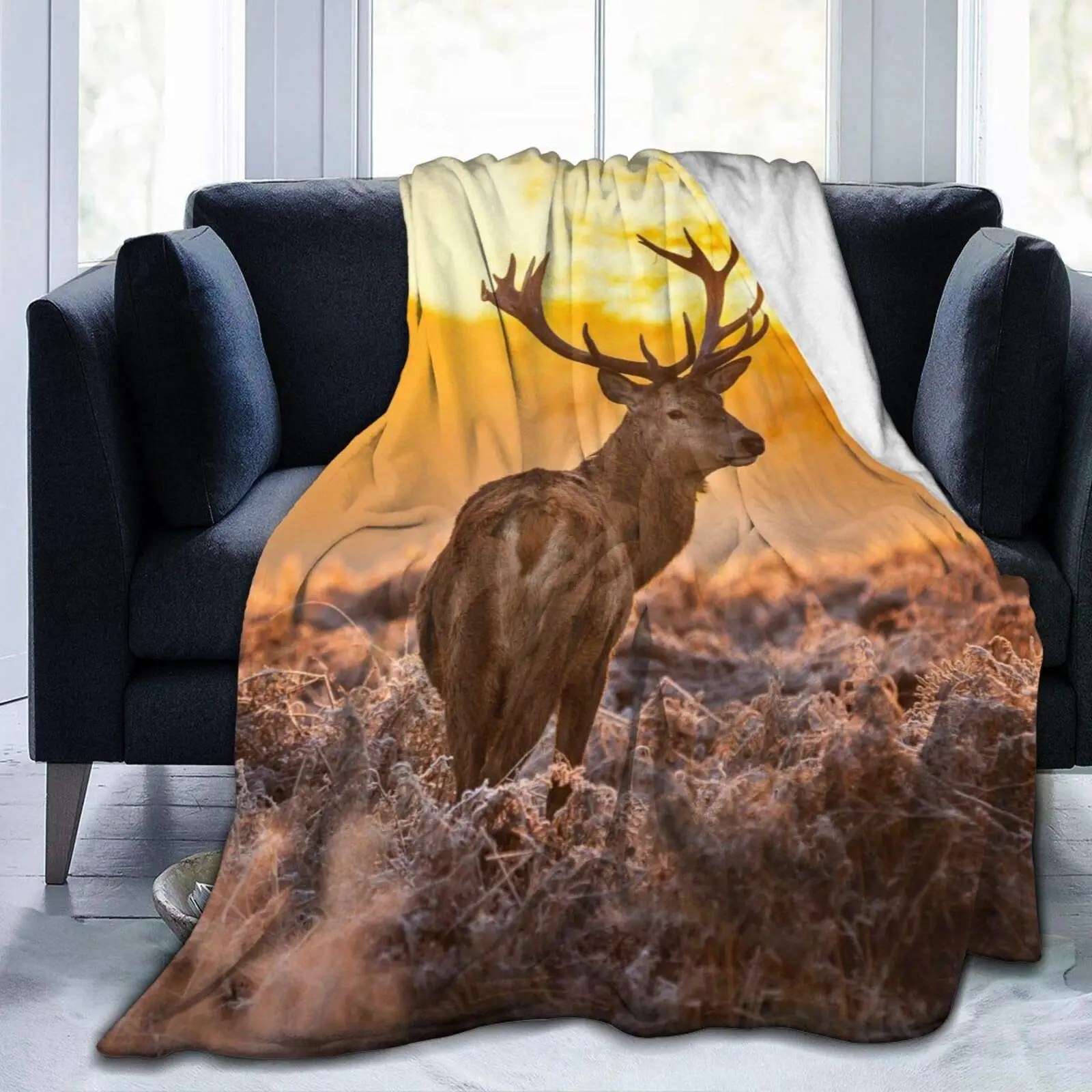 

Antler Red Deer Morning Sun Flannel Fleece Throw Blankets 50"x40" Living Room Bedroom Sofa Couch Warm Soft Bed Blanket for Kids