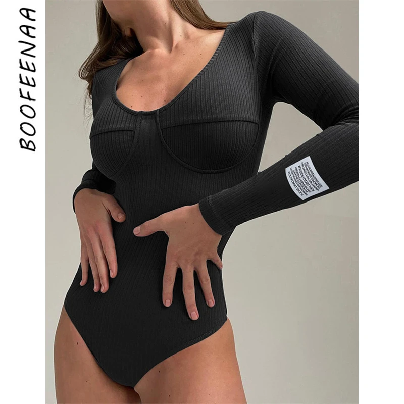 

Боди BOOFEENAA женское трикотажное черное однотонное с V-образным вырезом и длинным рукавом