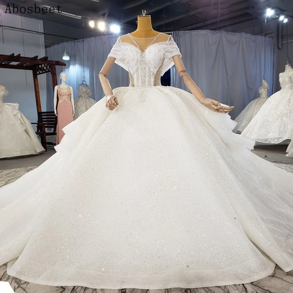 

Sexy Off Shoulder See Through Side Ball Gown Wedding Dress White 2021 Fancy Beading 200CM Cathedral Train Elegant Wedding Gown