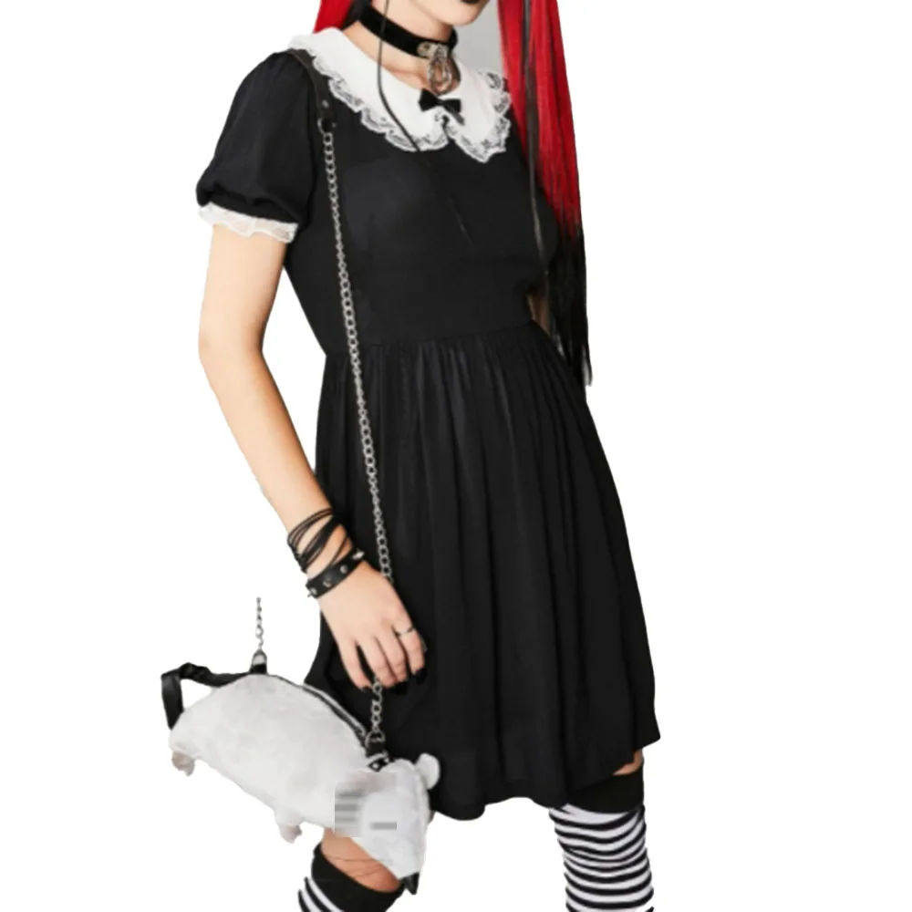 

Rosetic New Preppy Style Women Gothic Dress 2021 Summer Lace Patchwork Peter Pan Collar Casual Black Short Gothic Dresses Summer