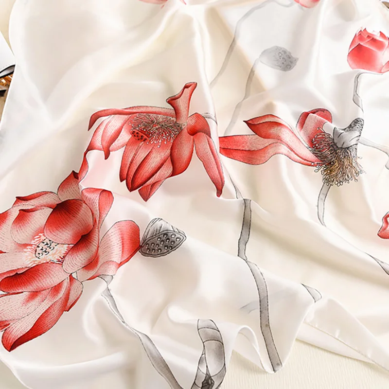 

Women Imitation Silk Scarf Lotus Print Shawls Office Lady Soft Wraps Female Headscarf Beach Towel Best Gift 90x180cm