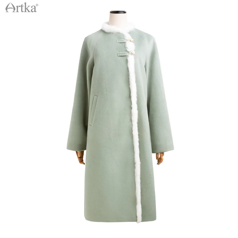 Женское шерстяное пальто средней длины ARTKA белое длинное с кроличьим мехом