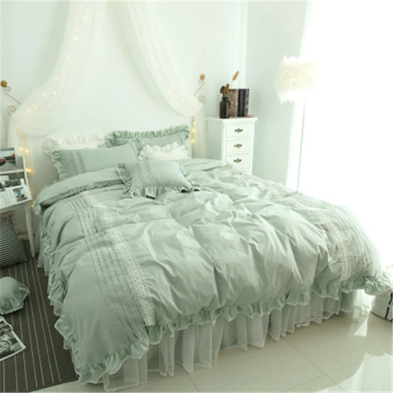 

Luxury bedding set queen king size Green ruffle lace duvet cover bed skirt pillowcase princess bedspread Bedlinen Egypt Cotton