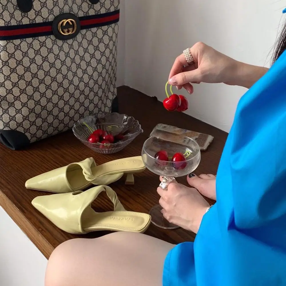 

Fashion Women Pointed Toe Slippers Slip On Thin Mid Heels Shallow Slides Hollow Design Yellow Shoes Summer Casual Pumps Size 39