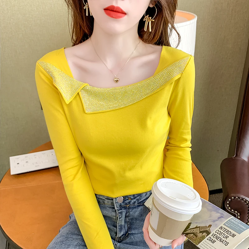 

Fall Winter Shirt Tees Korean Clothes Lady Cotton T-Shirt Sexy Shiny Diamonds Women Tops Long Sleeve Bottoming