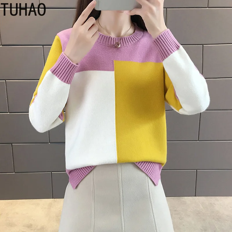 TUHAO sweet Casual Lady women sweater Geometric Pattern Loose Knit Women Bottom Shirt Color Collision Femme sweaters HC160 | Женская