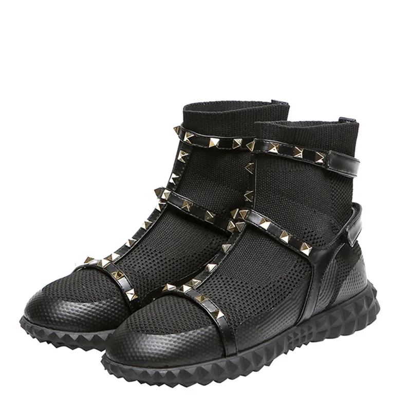 Ботинки с заклепками женские черные кожаные носки из эластичной ткани дышащие