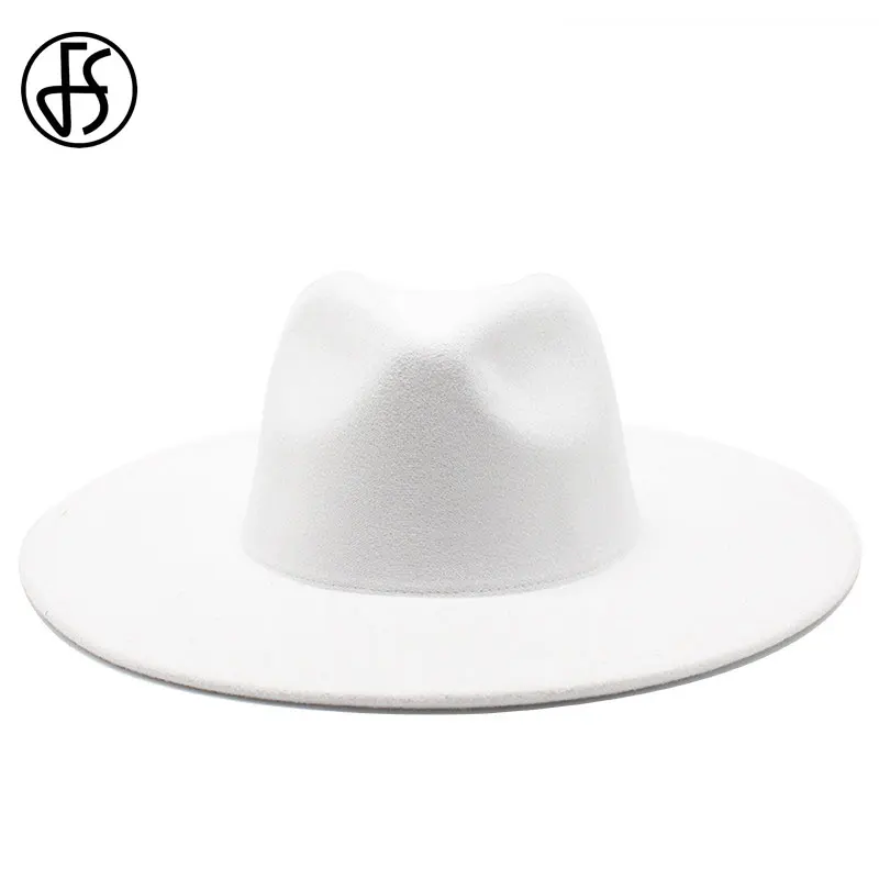 

FS 9.5CM Big Black White Patchwork Wool Fedora Hats For Women Winter Felt Wide Brim Jazz Panama Trilby Cowboy Cap Men Gentleman