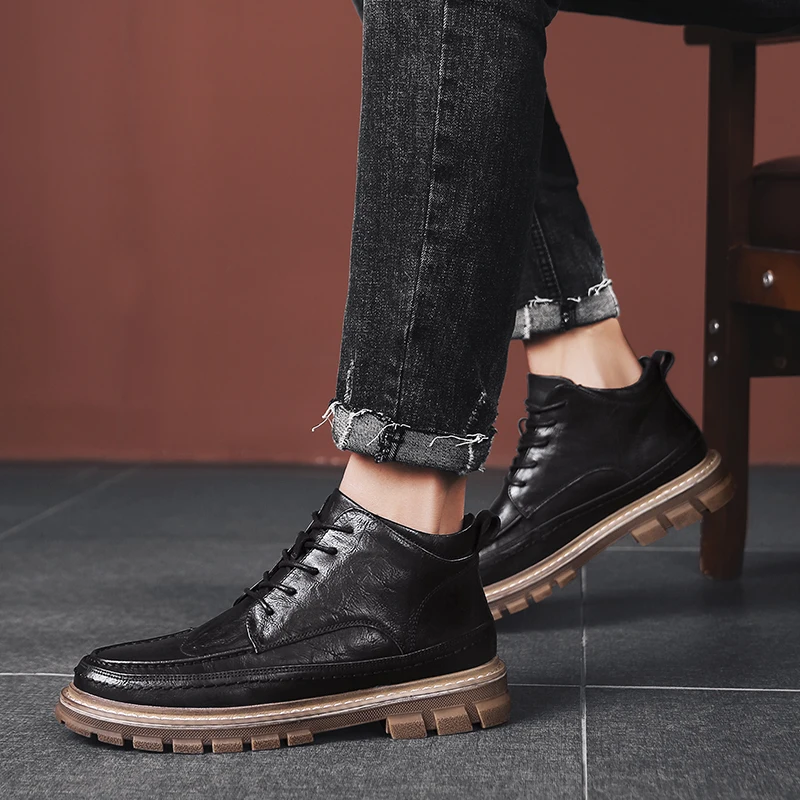 

1342-Korean Fashion Winter Outdoor Non-slip Men Boots Handmade Leather Men's Shoes Fashion Designer Men Boots