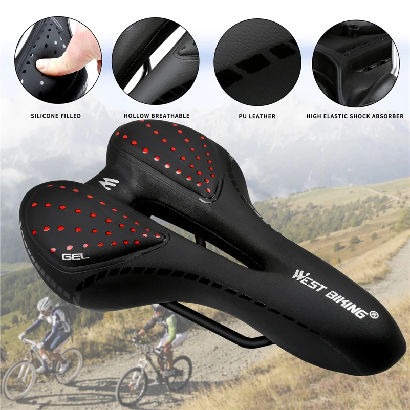 

WEST BIKING Bike Saddle Silicone Cushion PU Leather Surface Silica Filled Gel Comfortable Cycling Seat Shockproof Bicycle Saddle