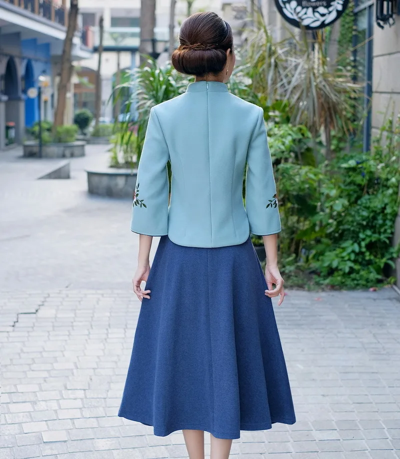 Sheng Coco Woolen Chinese Blouse Coat LadiesTraditional Chinese Shirts Embroidery Blouses Woolen Suit Classic Blue Suit