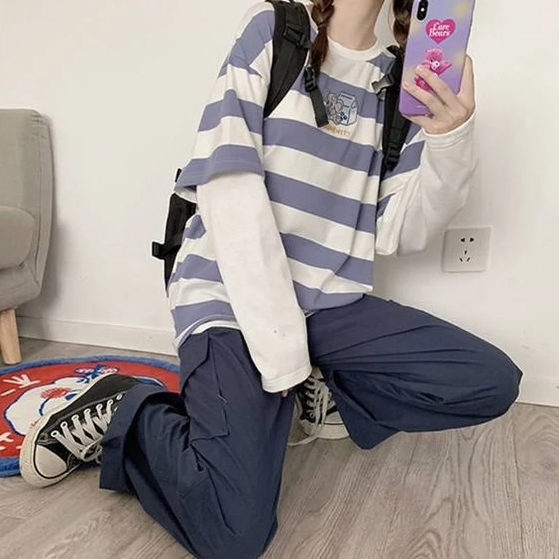 Классические полосатые футболки с длинным рукавом женские свободные элегантные