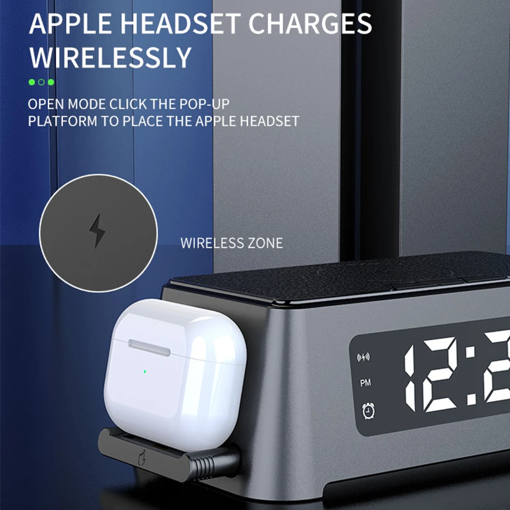 Часы-Будильник Bonola беспроводные 15 Вт 4 в 1 для iPhone 13 12 Pro Max Apple Watch 7 6/Airpods | Мобильные