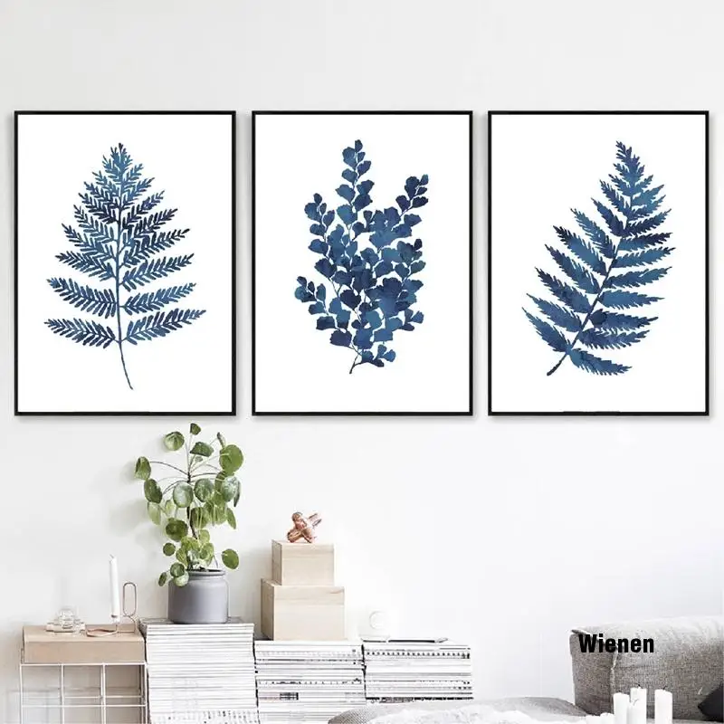 

Ink Blue Fern Prints Art Canvas Posters Ink Blue Eucalyptus Foliage Painting Watercolor Indigo Leaf Botanical Home Wall Decor