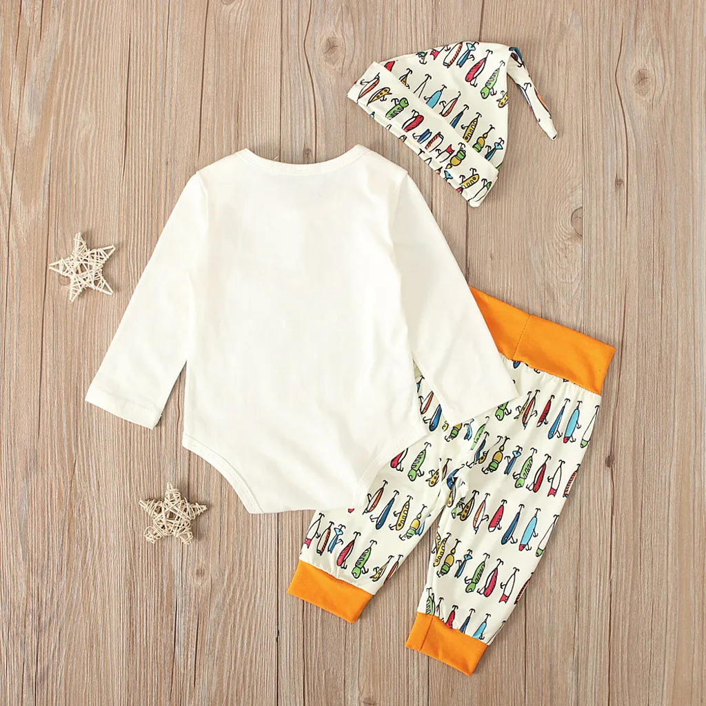 Newborn Baby Sets Boy Fishing Hunting Tops Romper Pants Hat Outfits Fisherman Set 3pc Girl Clothes | Детская одежда и обувь