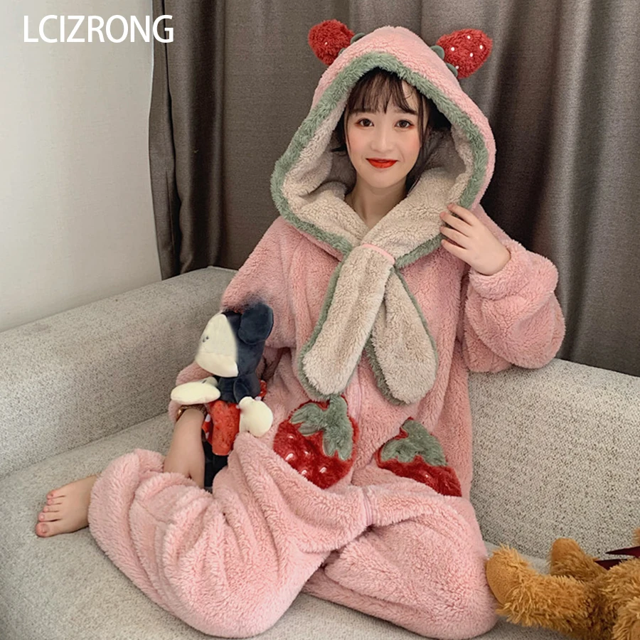 

Winter Warm Hooded Women Pajama Onesie Cute Strawberry Sweet Girl Long Sleeve Nightgown Loose Home Clothes Adult Onesie
