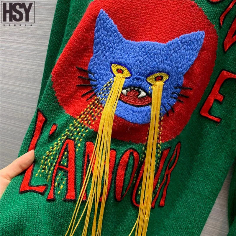 【HSY】2019 осенний Новый женский свитер с надписями нашивками в виде кота вышивкой