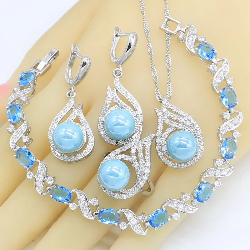 Женские наборы ювелирных изделий серебристого цвета серьги с голубым жемчугом