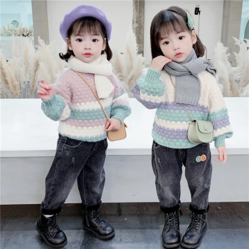 

New Knitting Spring Winter Pullover Round Neck Sweater Girls Kids Children's Warm Loose Thicken Splicing Clothing