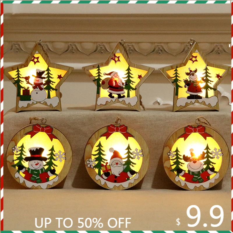 

Gift Christmas Tree Lights Baubles Window Nordic Wooden Ornaments Set Living Room Holiday Cheap Round Navidad Decoration ZZ50SD