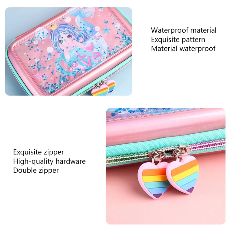 

D57D Portable Cartoon Pen Case 3 Featured Layer Multiple Hidden Pocket Cute Mermaids Princess Design Large Capacity for Kid