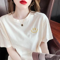 2585 smiley face embroidery short sleeved t shirt women summer 21 new white bottoming t shirt ins tide pure cotton half sleeved