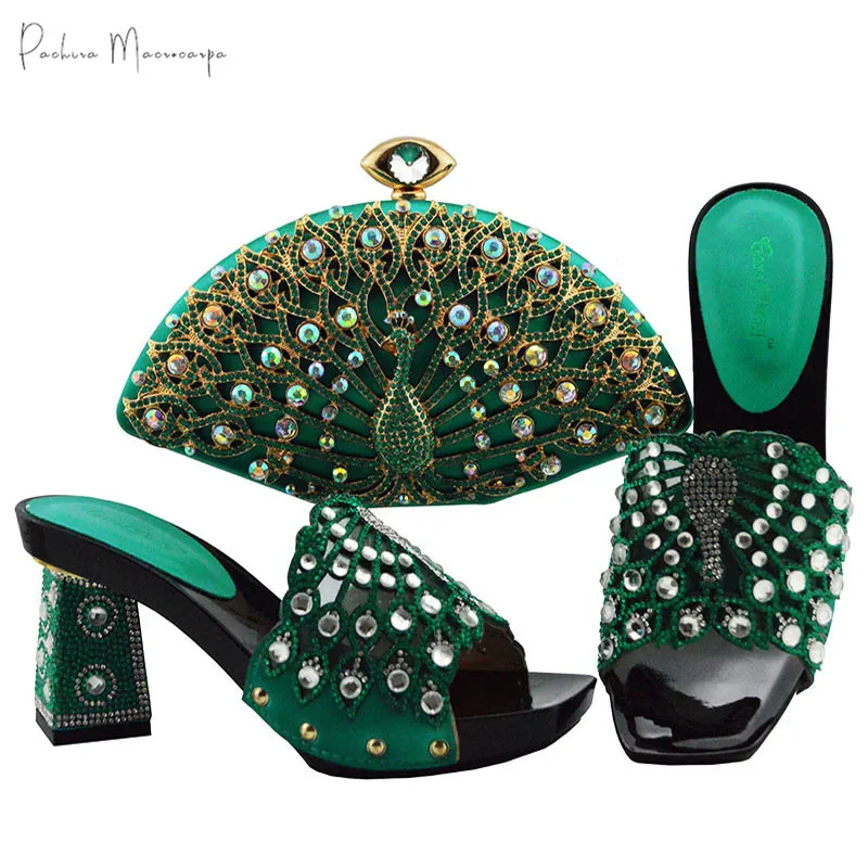 African Fashion Italian Design Nigerian Party Green Color Ladies Shoes and Bag Set Decorated With Special Peacock Rhinestone