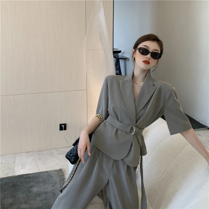 Женский офисный костюм из двух предметов модная куртка с поясом и повседневные