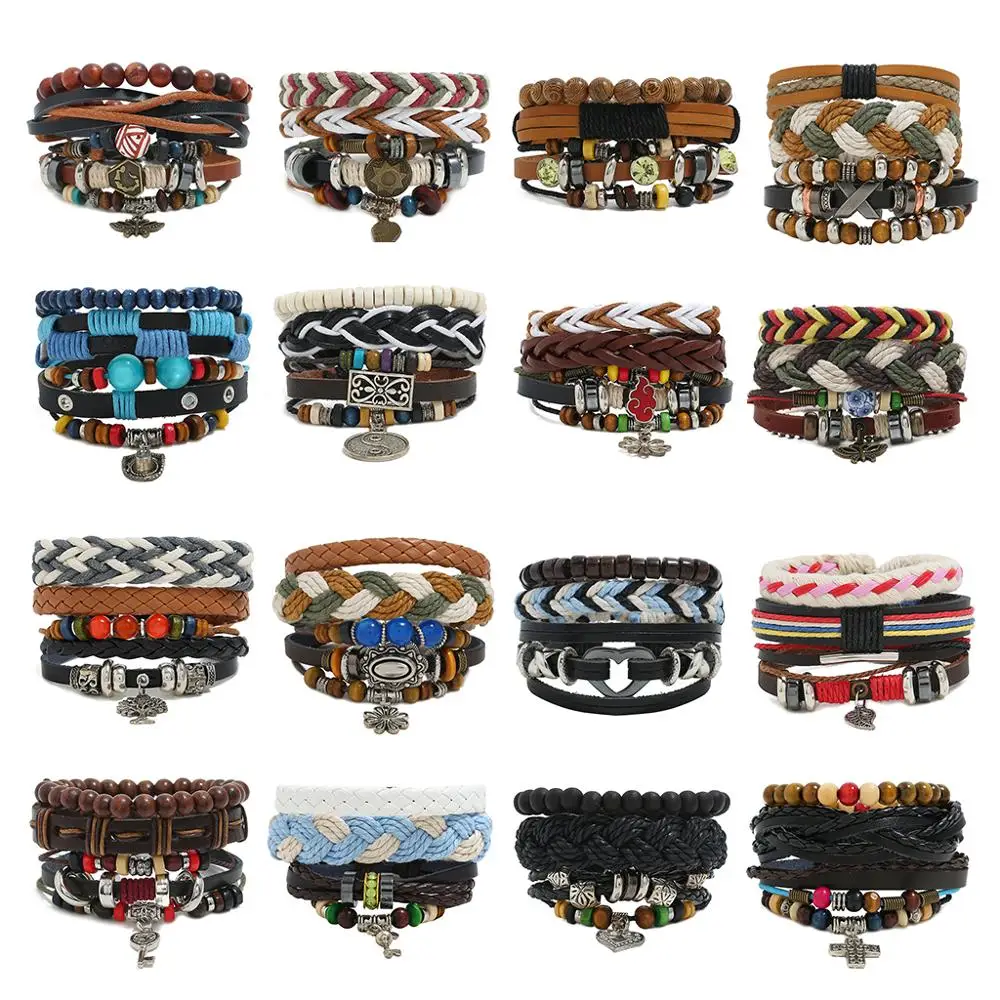 

Vintage Punk Layered Woven Cowhide Bracelets For Women Men Butterfly Cross Flower Leather Beaded Bracelet Male Fashion Jewelry