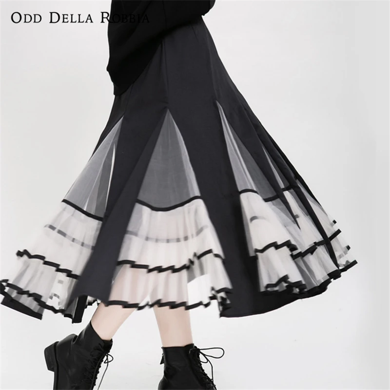 Фото - OddDellaRobbia 2021 New Spring And Summer Women's Mid-Length Pleated Skirt Color-Blocking High-Waist Mesh Lace Skirt 1239 high waist mesh patchwork lace pleated skirt