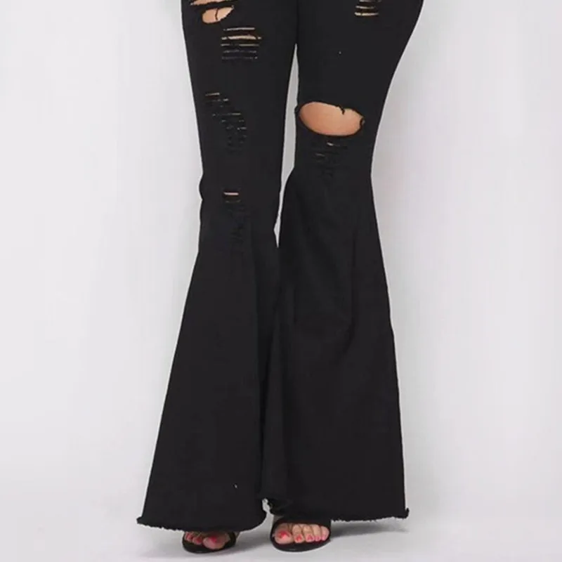 

Fashion Black Women Ripped Jeans Washed Hole Denim Flared Jeans Denim Ladies Push Up Bottom High Waist