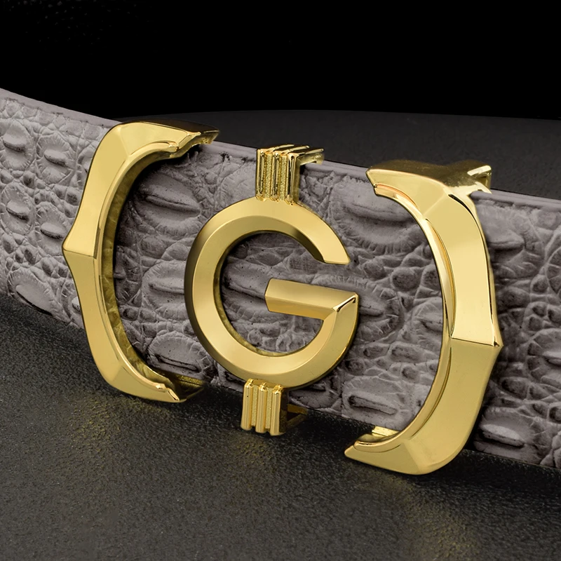 G letter buckle Smooth buckle Crocodile pattern men belts young man buckle Gray genuine leather cowhide Waistband High quality