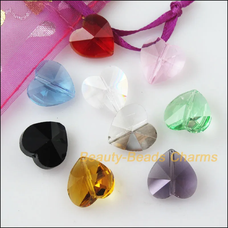

10 New Heart Charms Mixed Faceted Glass Crystal Rondelle Spacer Beads 14mm