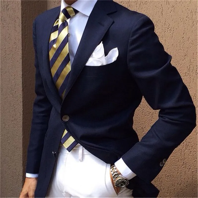 

2020 navy blue men suit with white pants notched lapel men tuxedos formal wedding suits smart casual business party homme terno
