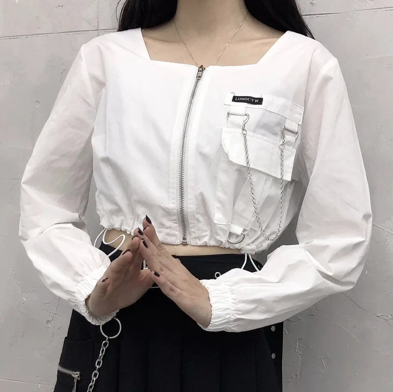 

Safari Style Zipper Square Collar Long Sleeve Crop Top Fashion Loose White Blouses Women Clothing Hipster Streetwear Shirts New