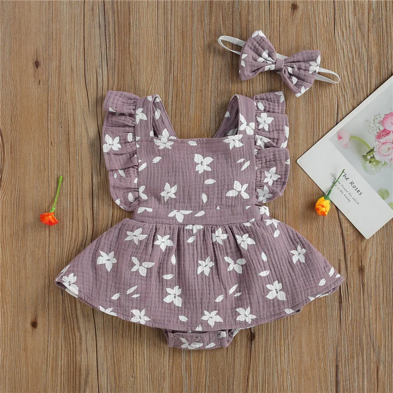 

0-24M Baby Girl\u2019s Casual Fly Sleeve Jumpsuits Fresh Sweet Flower Printing Skirt Stitching Romper and Headband