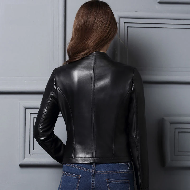 Women Stand Collar Sheepskin Genuine Leather Coat Jacket for Motocycle Biker Short Design Black Red Autumn Fall Large Size XXXXL