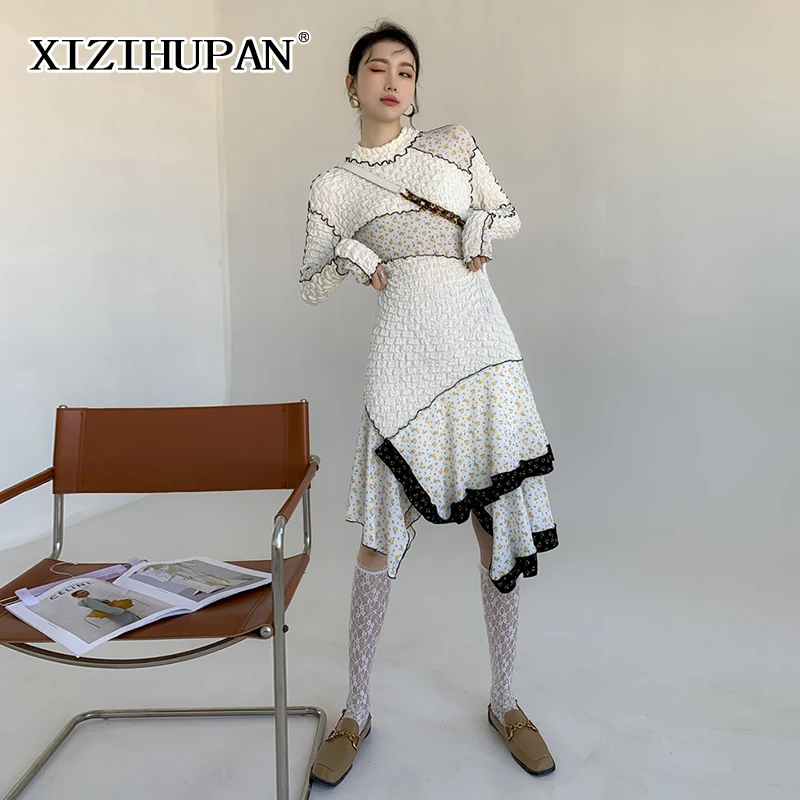 

Женское платье с цветочным принтом XIZIHUPAN, платье миди с круглым вырезом, длинным рукавом, высокой талией и асимметричным подолом для женщин, ...