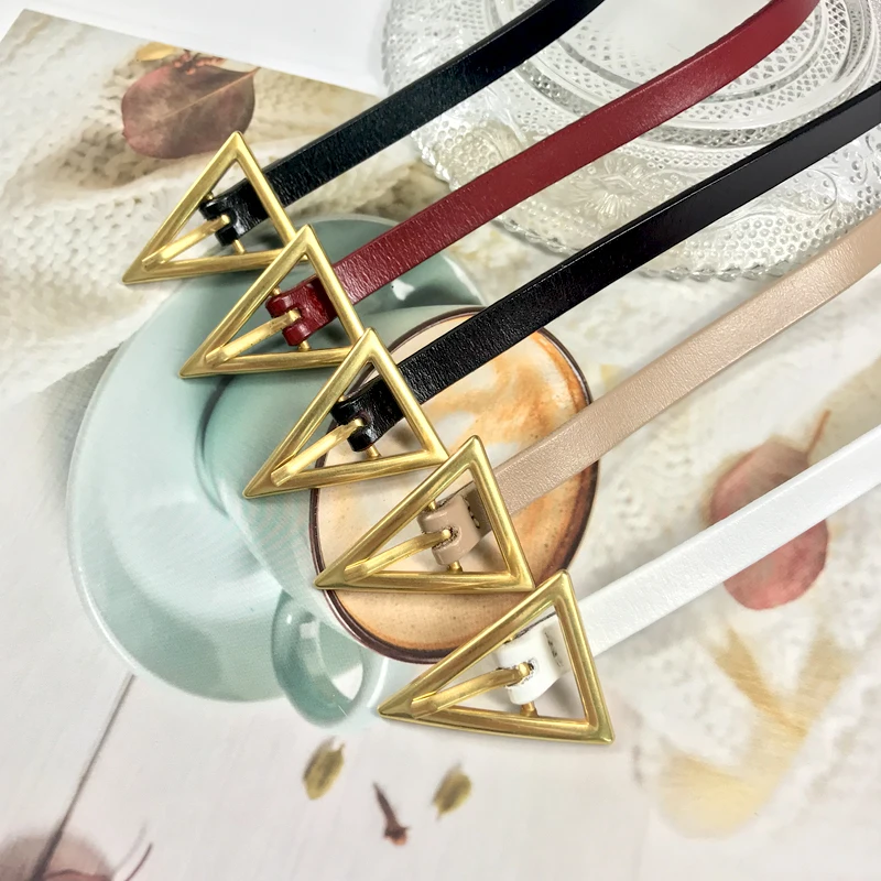 

Luxury designer belts for women genuine leather long thin belt black ladies waist ceinture femme gold triangle waistband 2020