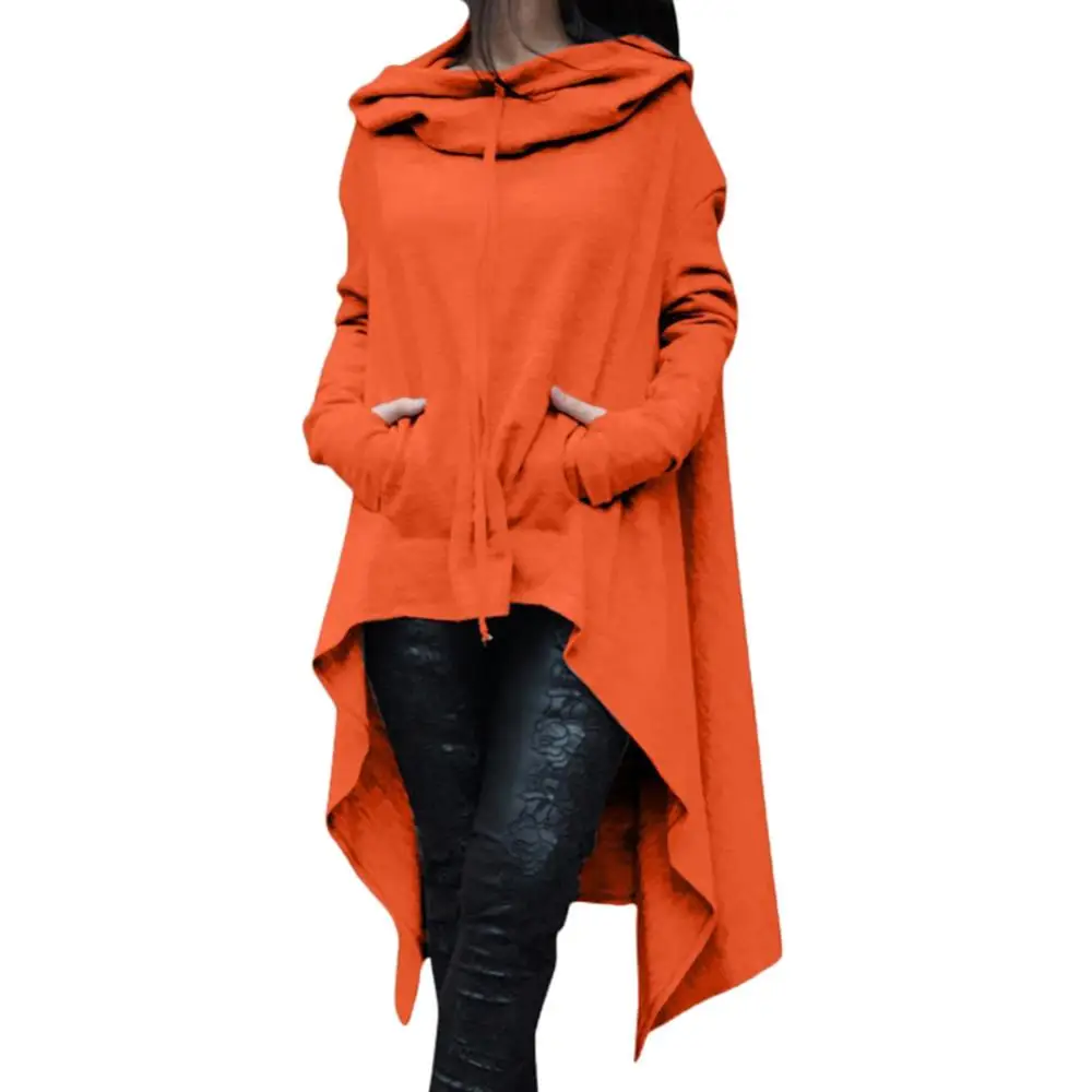 

Lady Solid Color Long Sleeve Asymmetrical Hem Fishtail Hooded Hoodie Sweatshirt Outing in daily life