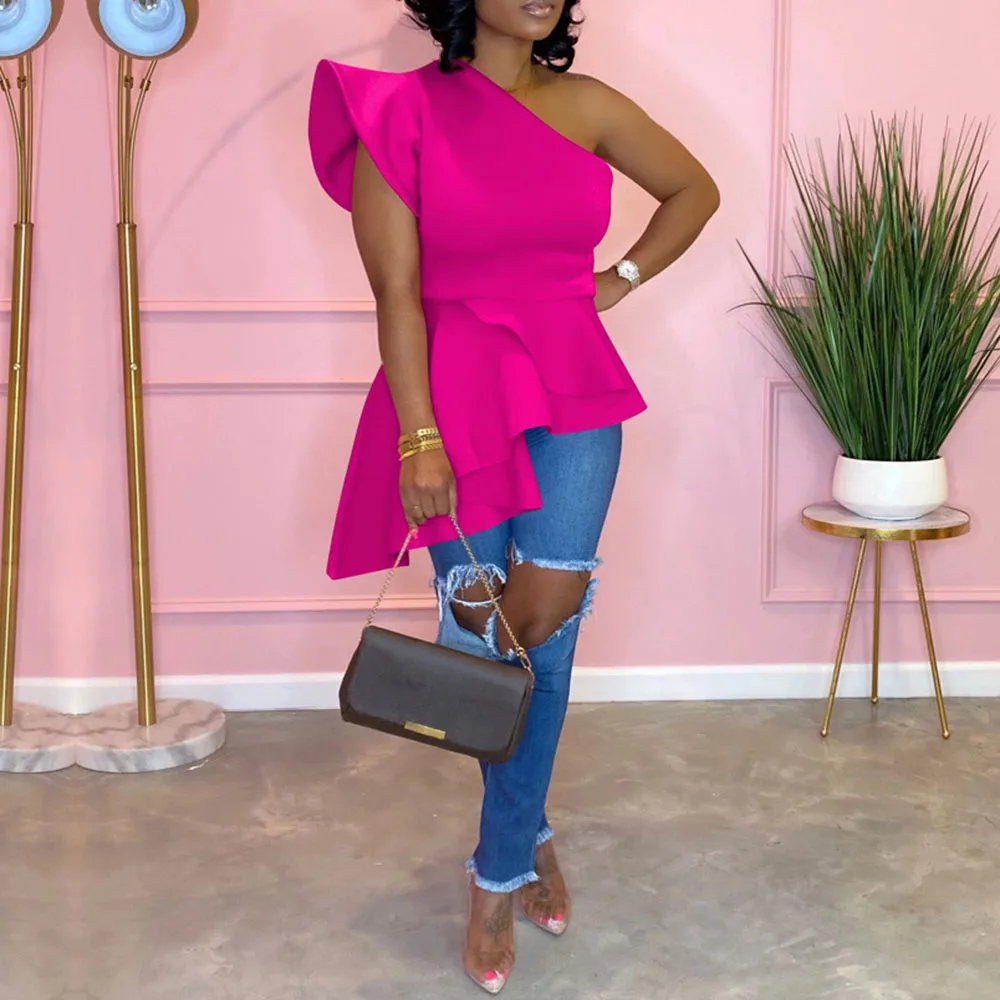 Сексуальная Блузка на одно плечо топы с высокой талией розовые красные длинные