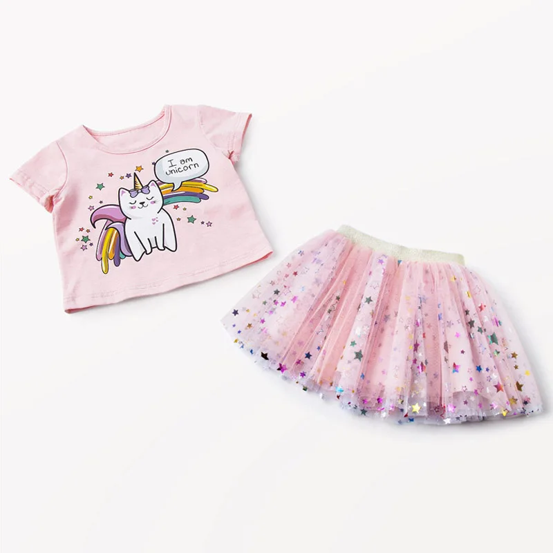 Детская одежда футболка с единорогом + сетчатая юбка летний костюм для маленьких