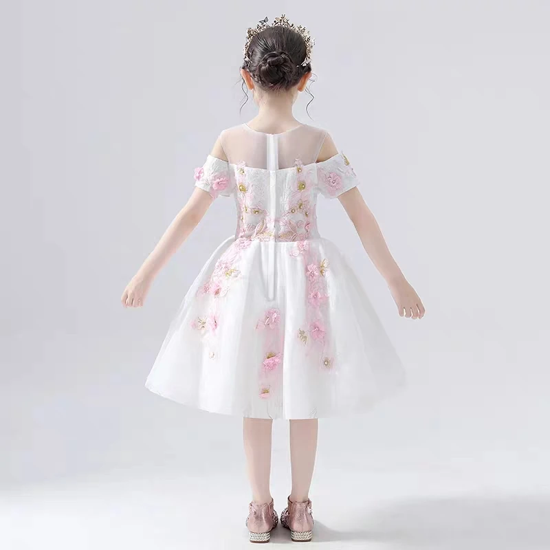 

2019Summer Luxury New Children Kids Appliques Flowers Birthday Wedding Party Princess Fluffy Prom Dress Girls Piano Host Dress