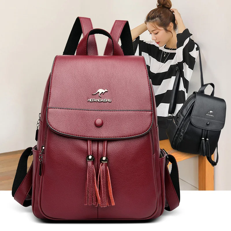 

School Bag for WOMEN 2020 Tassel Leather Backpack for Teenage Girl Bagpack mochila Escolar mujer sac a dos bolso Red Back pack