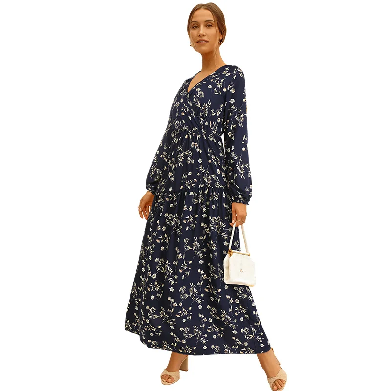 

2021 European American Casual Women's Long Skirt Autumn And Winter V-neck Lantern Long-sleeved Printed Skirt Long Floral Dress