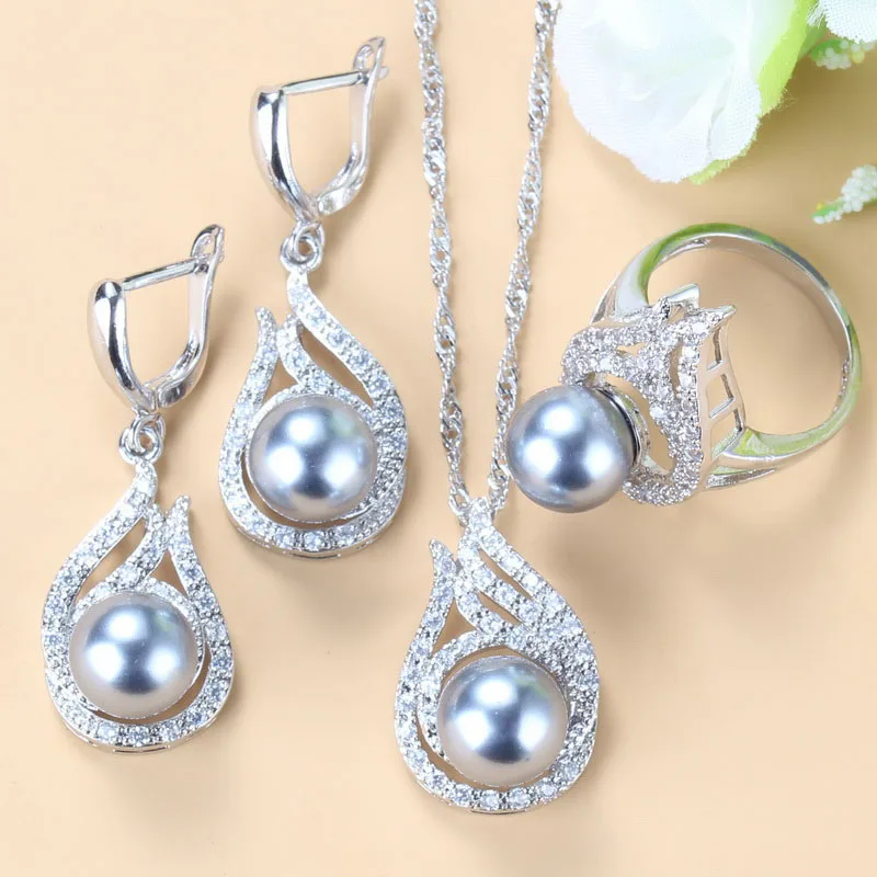 Женский Свадебный комплект с серым жемчугом набор украшений серебряного цвета