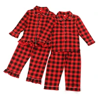 christmas sleepwear warm cotton buffalo plaid siblings match boys and girls button up kids pajamas